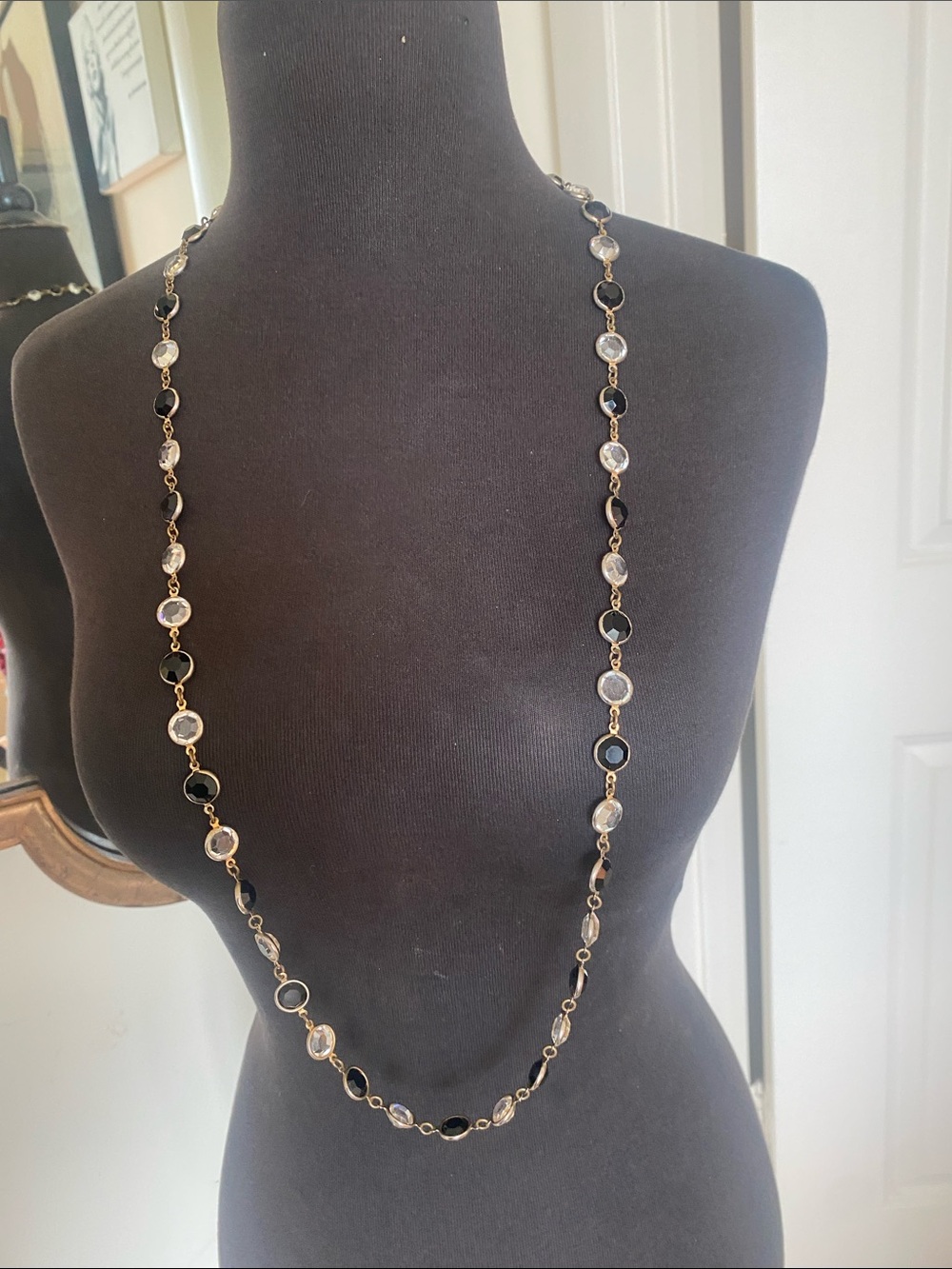 36” long  Gold-Link Chiclet Necklace with Black and Clear Faceted Stones